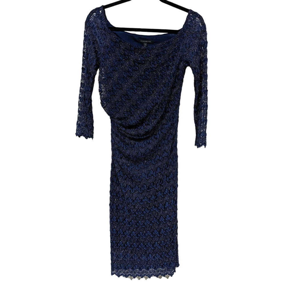 David Meister sz 6 White Lace Navy Blue w/ Gold Metallic 3/4 Sleeve Midi Dress